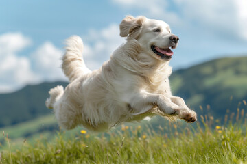 Joyful Golden Retriever Running on Green Grass Field