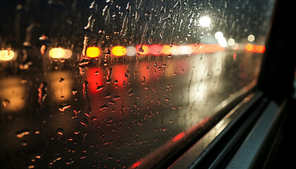 Raindrop on car window, blurred motion of traffic generated by AI