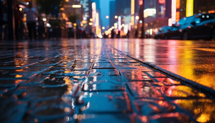Night car drives through rain in city generated by AI - obrazy, fototapety, plakaty