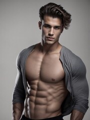 Fototapeta premium Shirtless Man Posing for Picture in Straightforward Fashion. Generative AI.