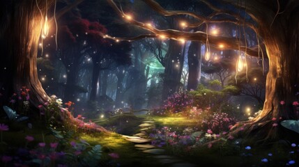 Enchanted forest scene with mystical lights and lush greenery. Fantasy world background.
