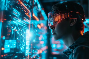 A computer scientist observing a dashboard through augmented goggles  - obrazy, fototapety, plakaty