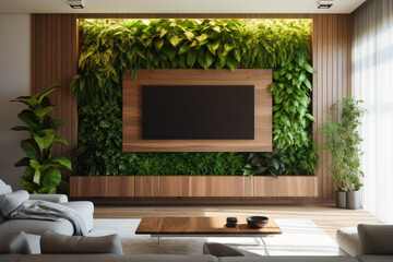 Stylish living room interior with with TV, sofa and coffee table. Background from leaves and plants. Plant wall with lush green colors