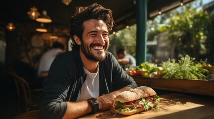 Happy man eating a sandwich at a restaurant - obrazy, fototapety, plakaty