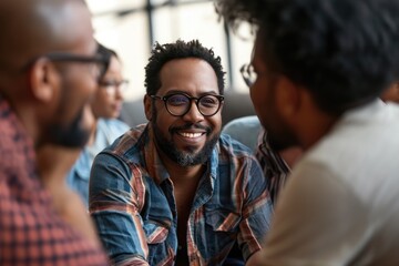 Fototapeta premium men sitting in a tight circle, friendly conversation, cheerful smiles