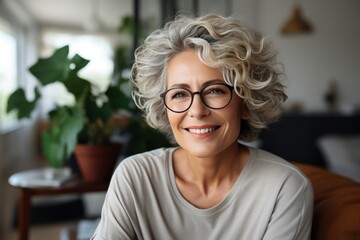 Fototapeta na wymiar Portrait of a smiling middle-aged woman with short gray hair and glasses