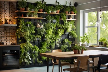 Fototapeta na wymiar Cozy kitchen with vertical garden on the wall. Architecture, decor, eco concept