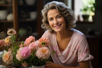 Portrait of a smiling middle-aged woman with flowers