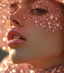 Close-up portrait of a woman with pink crystals and glitter on her face and glossy lips. Portrait in pink crystals. Fashion art concept.