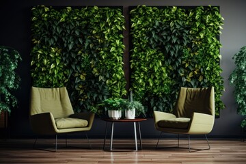 Fototapeta premium Lounge interior with two comfortable armchair. Vertical garden - wall design of green plants. Architecture, decor, eco concept