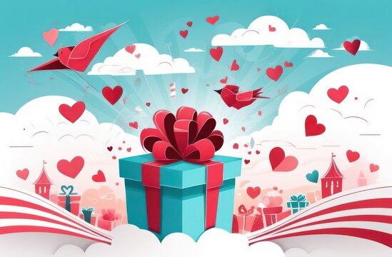 School teenager Illustration for Valentine's Day with paper flying birds and gift box on cloud background. Schoolboy's Romantic Valentine