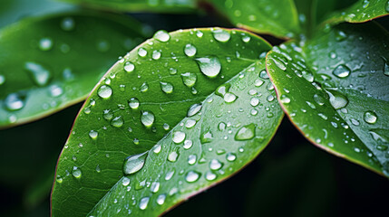 Freshness of dawn with close-up shots of leaves adorned with dew