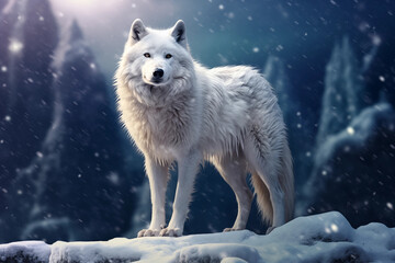 Obraz premium White Wolf in Cold Snow Winter Background Snowing and Snowy Majestic Nature and Wild Animals Pristine Landscape generative ai