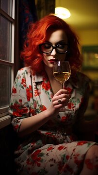 Redhead woman in floral dress drinking wine by the window