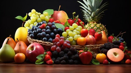 Naklejka na ściany i meble Many different fruits on a dark background