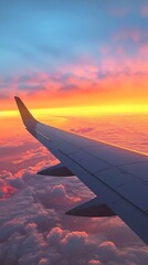 a plane wing over the sky at sunrise, in the style of afro-colombian themes, yellow and red