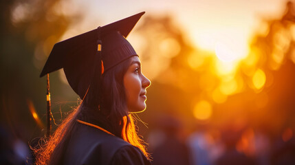 Graduation day, back view of Asian woman with graduation cap and coat holding diploma, success concept