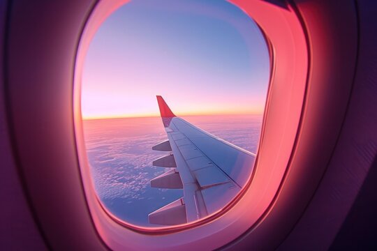 an airplane window at sunset, in the style of aesthetic, light pink and light blue,