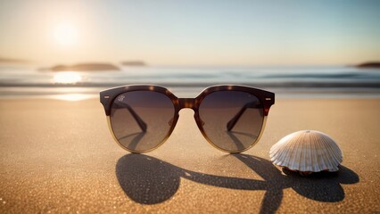 Fototapeta na wymiar Sunglasses lie on the beach near the sea (ocean)