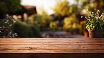 Warm wooden surface with a soft-focus garden and potted plants in the background