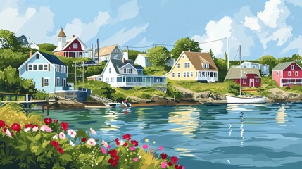  a painting of a small town by a body of water with houses on the shore and a boat in the water with flowers in the foreground and a blue sky with clouds. - obrazy, fototapety, plakaty