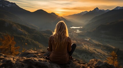 woman watching sunset mountain peak yoga pose - obrazy, fototapety, plakaty