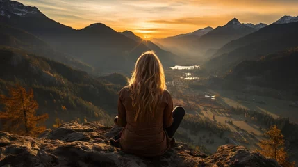 Foto op Plexiglas woman watching sunset mountain peak yoga pose © duyina1990
