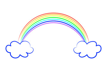 Rainbow between two blue clouds. Drawn with multi-colored crayons or pencils. Children drawing. Multi-colored arc. Childhood, childishness. Joy and positivity. Vibrant color image. Vector illustration