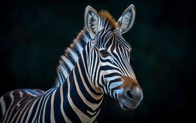 Fototapeta na wymiar Close up of zebra face on dark background. Generative AI