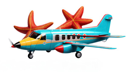 Airplane and starfish on a light background. Vacation and summer holiday concept