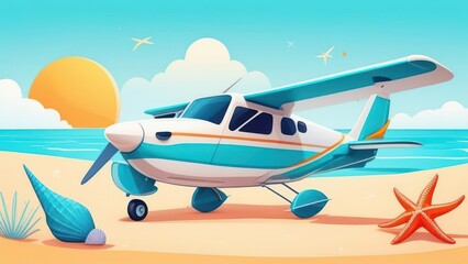 Airplane and starfish on a light background. Vacation and summer holiday concept