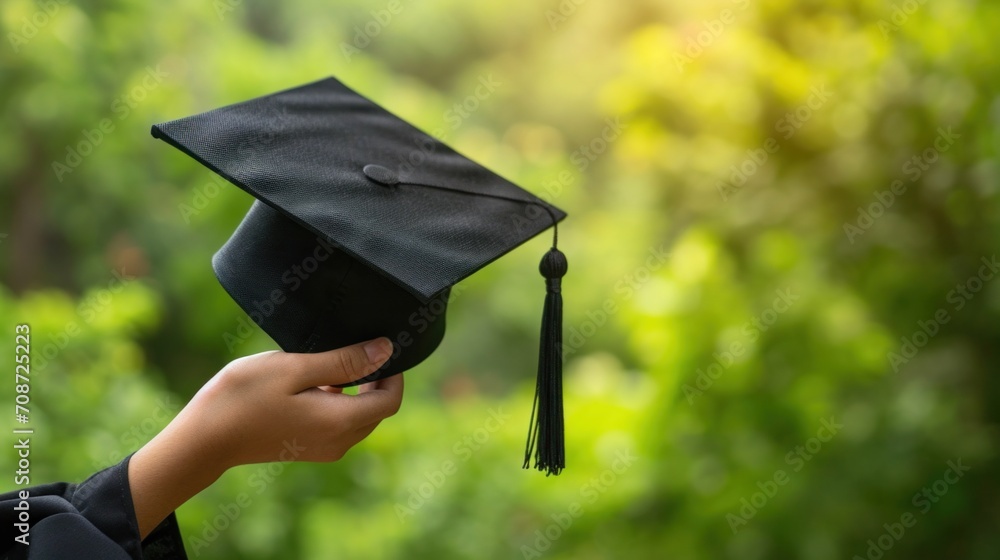 Poster A person holding a black graduation cap in their hand, AI