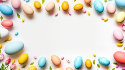 Сolored eggs on a light background with space for text. Easter holiday.