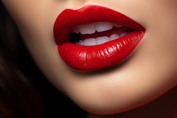 Fototapeta premium Women's lips close-up with sexy red lipstick