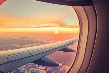 Fototapeta premium a plane wing over the sky at sunrise, in the style of afro-colombian themes, yellow and red