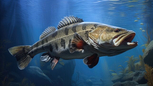  a large fish with its mouth open is swimming in a body of water with rocks and algaes on the bottom and bottom of the water and bottom of the water.