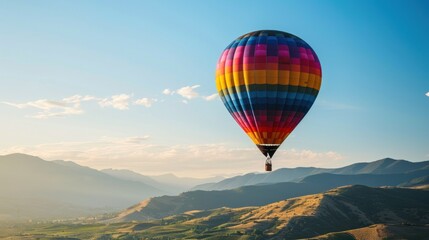  a multicolored hot air balloon flying over a mountain range in a clear blue sky with a few clouds in the sky and a mountain range in the background.