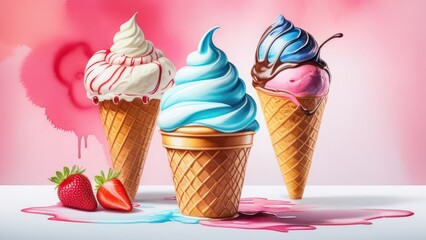 Multi-colored ice cream in cups on a light background