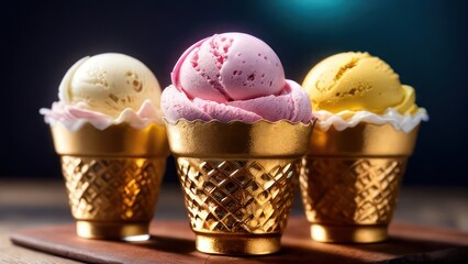 Multi-colored ice cream in cups on a light background