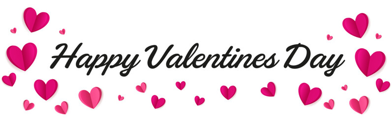 Happy valentines day calligraphy banner with pink hearts isolated on transparent background. Vector EPS 10