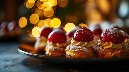  a plate topped with pastries covered in powdered sugar and topped with raspberries on top of a table next to a christmas tree with lights in the background. - obrazy, fototapety, plakaty