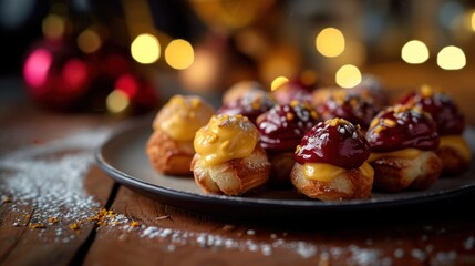  a close up of a plate of food with doughnuts on a table with lights and boke boke boke boke bokes in the background. - obrazy, fototapety, plakaty