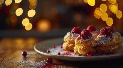 Obraz na płótnie Canvas a plate of pastries covered in powdered sugar and raspberries on a wooden table with a boke of christmas lights in the background and boke.