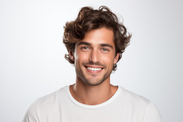 A photo portrait of a beautiful man over 20 years old in glasses, smiling with clean teeth, perfect teeth. To advertise dentistry. Highlighted on a white background