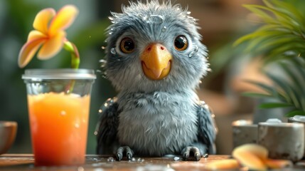 Cute Fluffy Gray parrot. 3D rendering