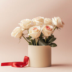 White roses flowers in white box. Spring minimal concept. Nature background