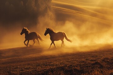 wild horses running at sunset with dust in background
