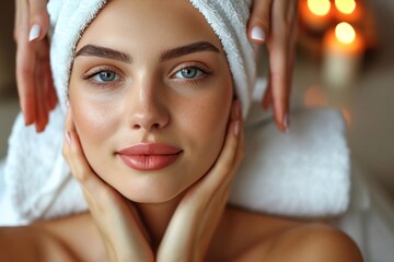 spa and skincare, beautiful portrait of young woman receiving facial massage at spa - Powered by Adobe