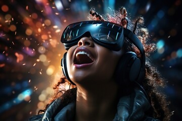 Ecstatic woman wearing virtual reality headset and headphones