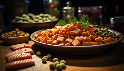 Fototapeta premium Freshness of grilled meat on wooden table, healthy eating generated by AI